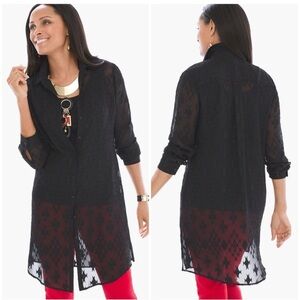 Chico’s NWT sheer jacquard black tunic long sleeve blouse button down